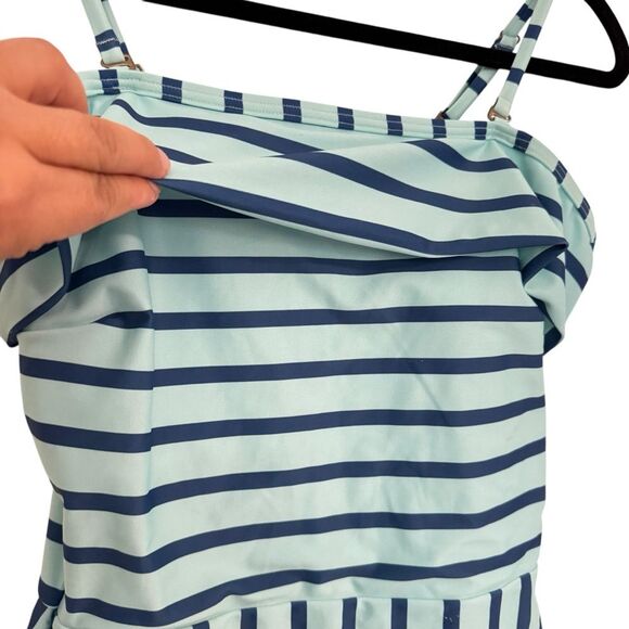 NWOT ModCloth Size MEDIUM Off the Shoulder Striped Blue One-Piece Swimsuit - Picture 4 of 7